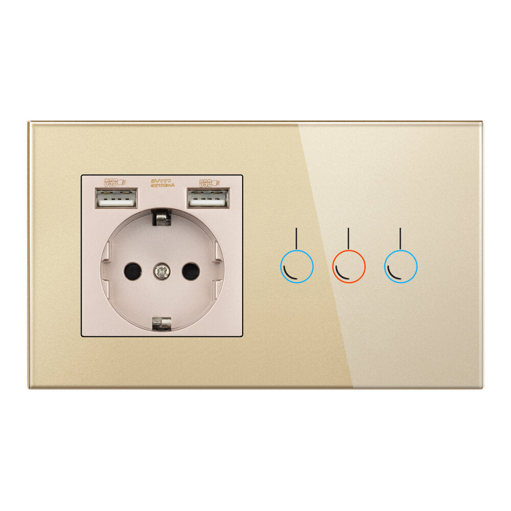 Touch Sensor Switch with Socket with USB Crystal Glass Panel Wall Socket with 3 Gang Light Switch 146*86mm 220V 16A