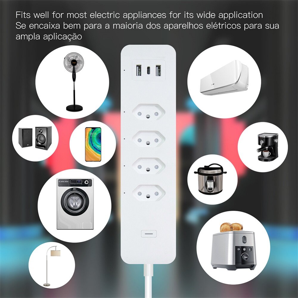 Smart Wifi Brazil Standard Socket 4 Outlets + 2 USB Charging Port + 1 Type-C App Remote Control Works with Alexa Google Home,110-240V