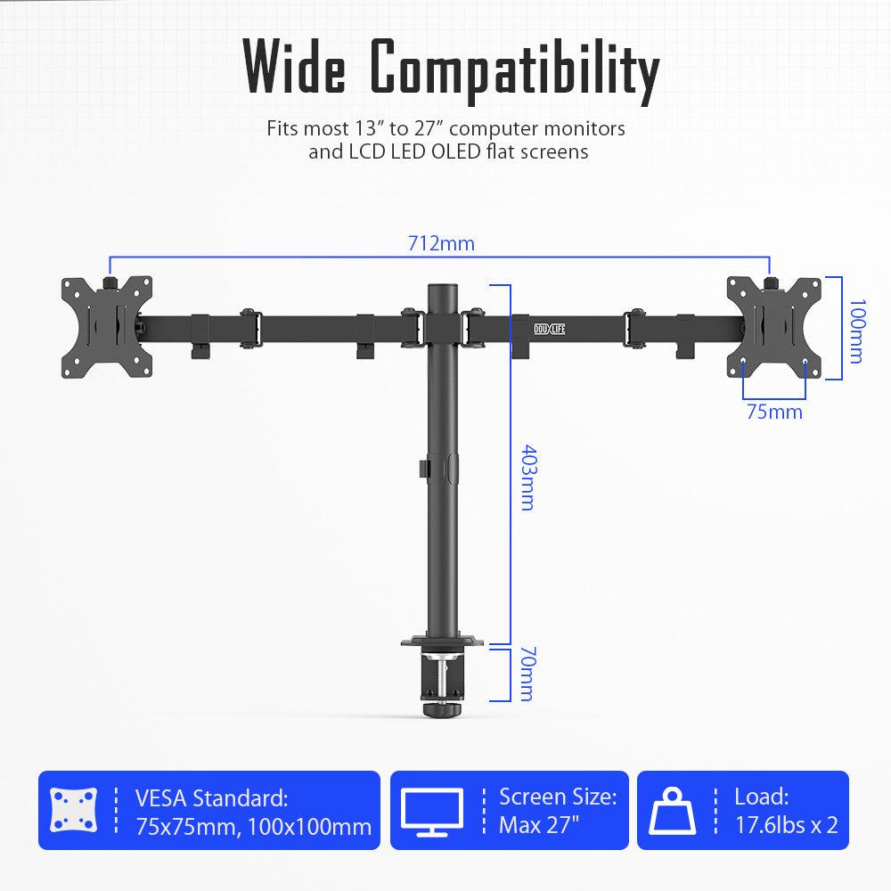 Dual Monitor Stand Full Motion Mount Quick Insert Dynamic Height Adjustability for 13"-27" Screen Home Office