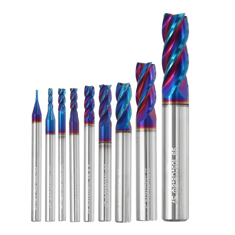 9pcs 1-10mm 4 Flutes Tungsten Carbide Milling Cutter HRC65 Blue NACO Coated Milling Cutter CNC Tool