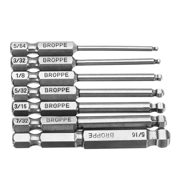 7pcs SAE 5/64-5/16 Inch 65mm Magnetic Ball Screwdriver Bit 1/4 Inch Hex Shank