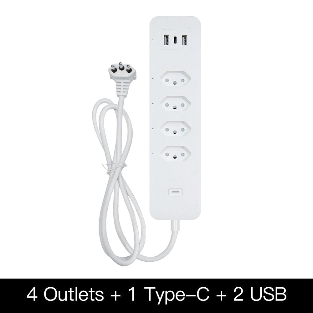 Smart Wifi Brazil Standard Socket 4 Outlets + 2 USB Charging Port + 1 Type-C App Remote Control Works with Alexa Google Home,110-240V