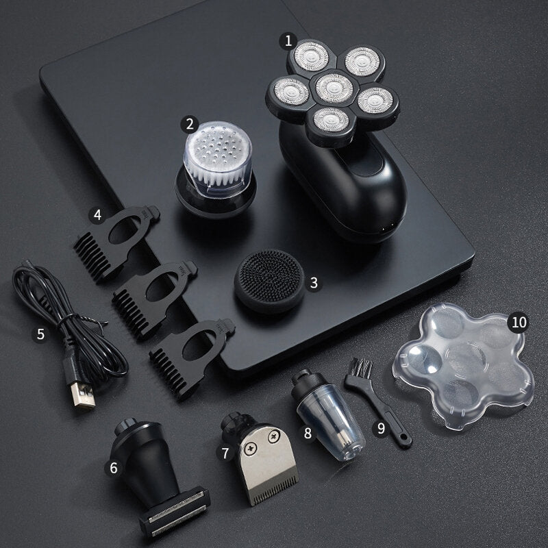 6 in 1 Men's Rechargeable Electric Shaver Six Floating Heads Razor LED Display IPX6 Waterproof