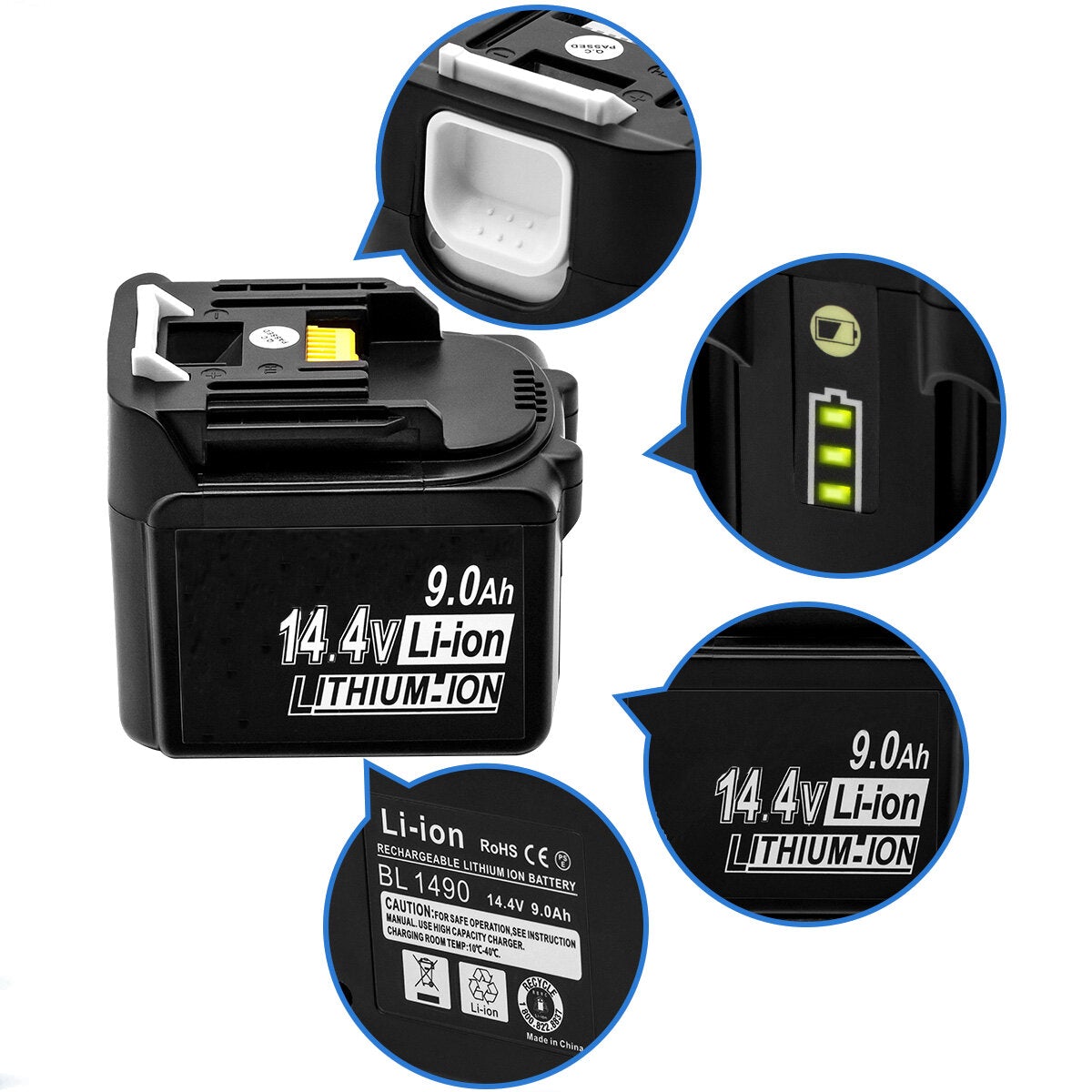 LED Light MAK-14.4B-Li 9.0Ah Power Tool Replacement Battery 14.4V Tool For Makita BL1430 BL1440
