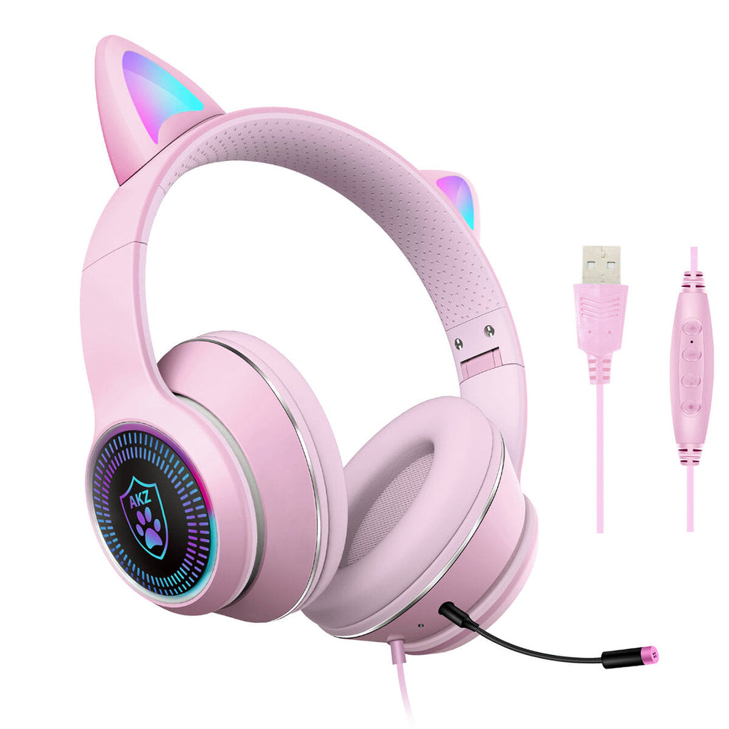 Cat Ear Wired Headset USB 7.1 Channel Stereo Sound Head-mounted Luminous RGB Gaming Headphone with Sound Card Noise-canceling Microphone for PC