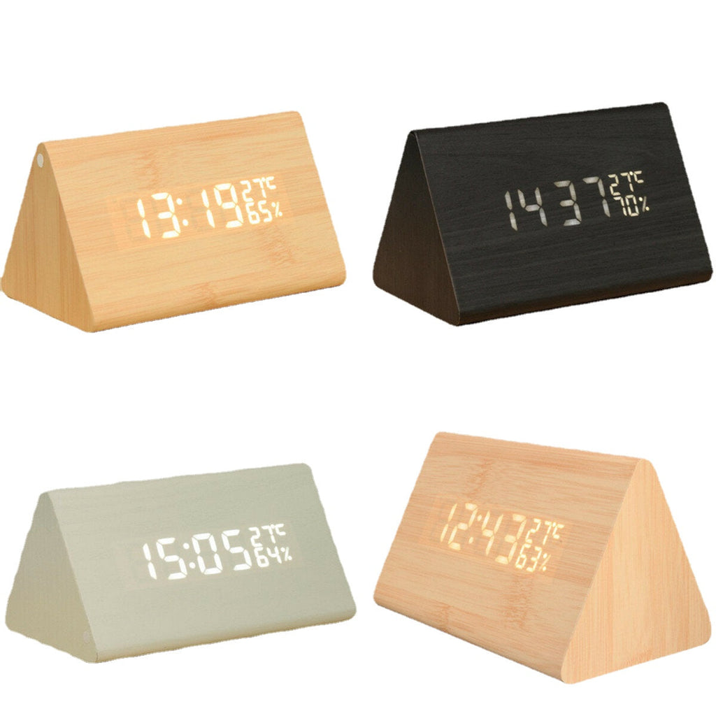 Voice-activated Triangle Alarm Clock Humidity Temperature Sensing Wooden Desk Clock LED Digital Display Alarm Clock