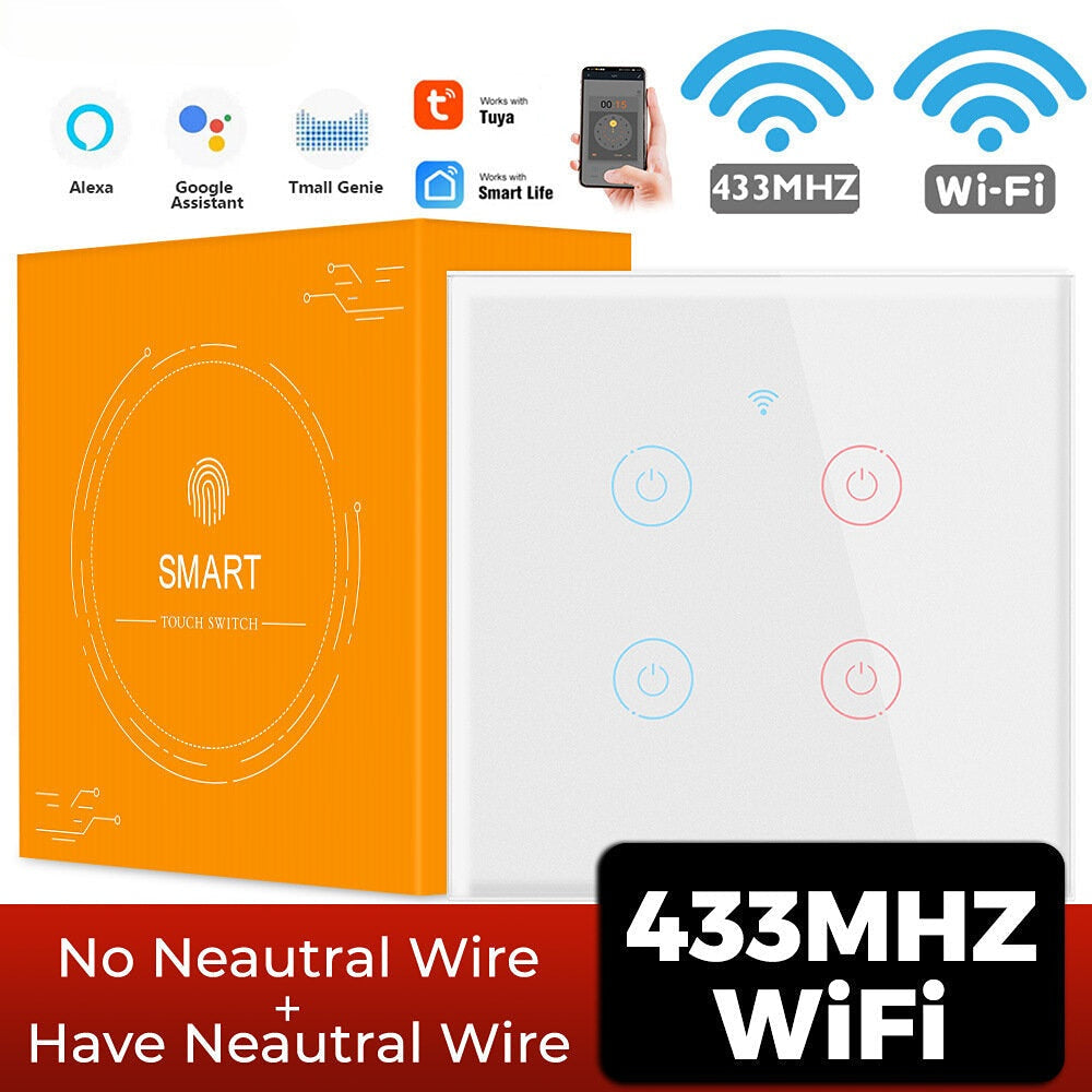Smart Wifi Touch 433mhz Switch Light EU No Neutral Wire Required Remote Timing Control On Of for Alexa Google Home