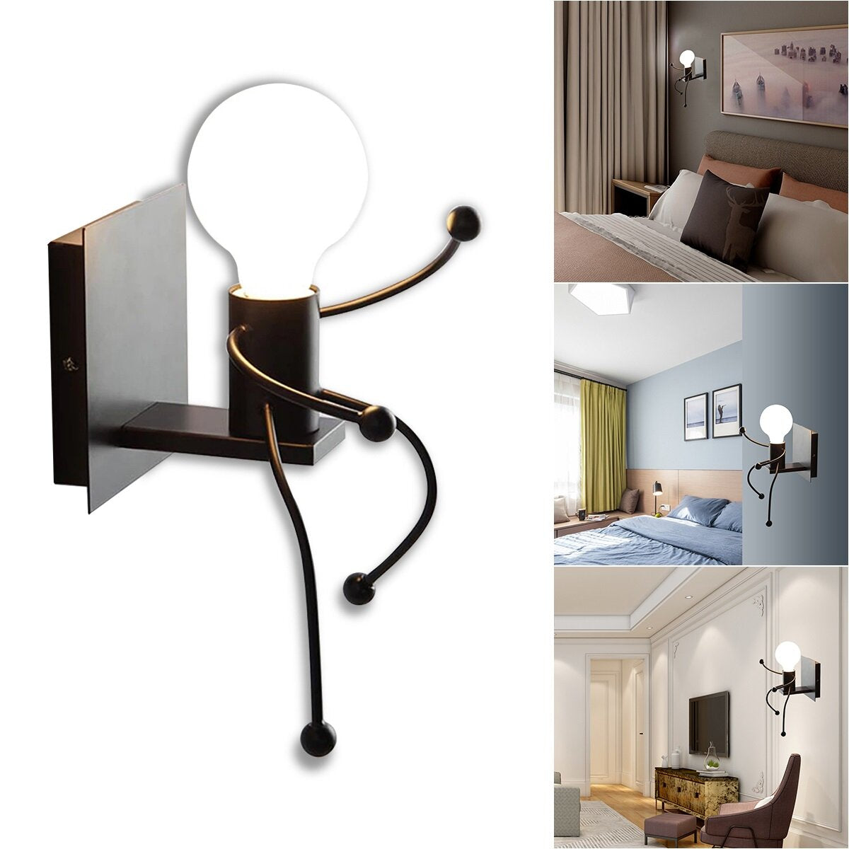 Creative Funny Modern Iron People Jumping Wall Light Hanging Chandelier Fixtures Iron Art Bedside Lamp Black/White Bulb Not Include