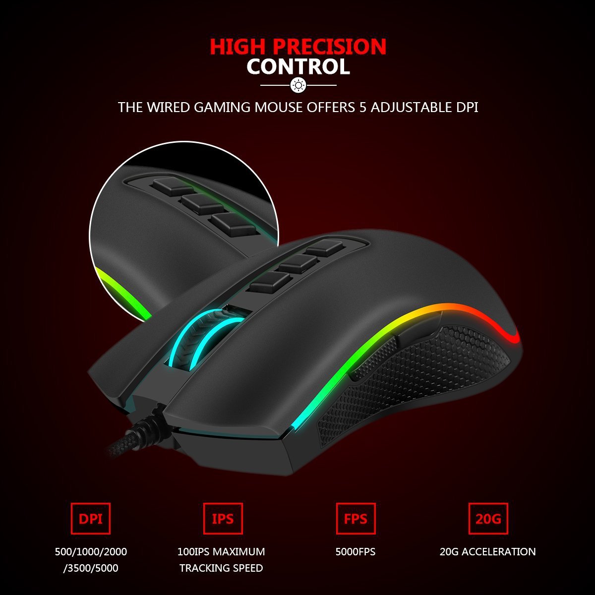 Gaming Mouse 16.8 Million RGB Color Backlit 10,000 DPI Adjustable Comfortable Grip 7 Programmable Buttons