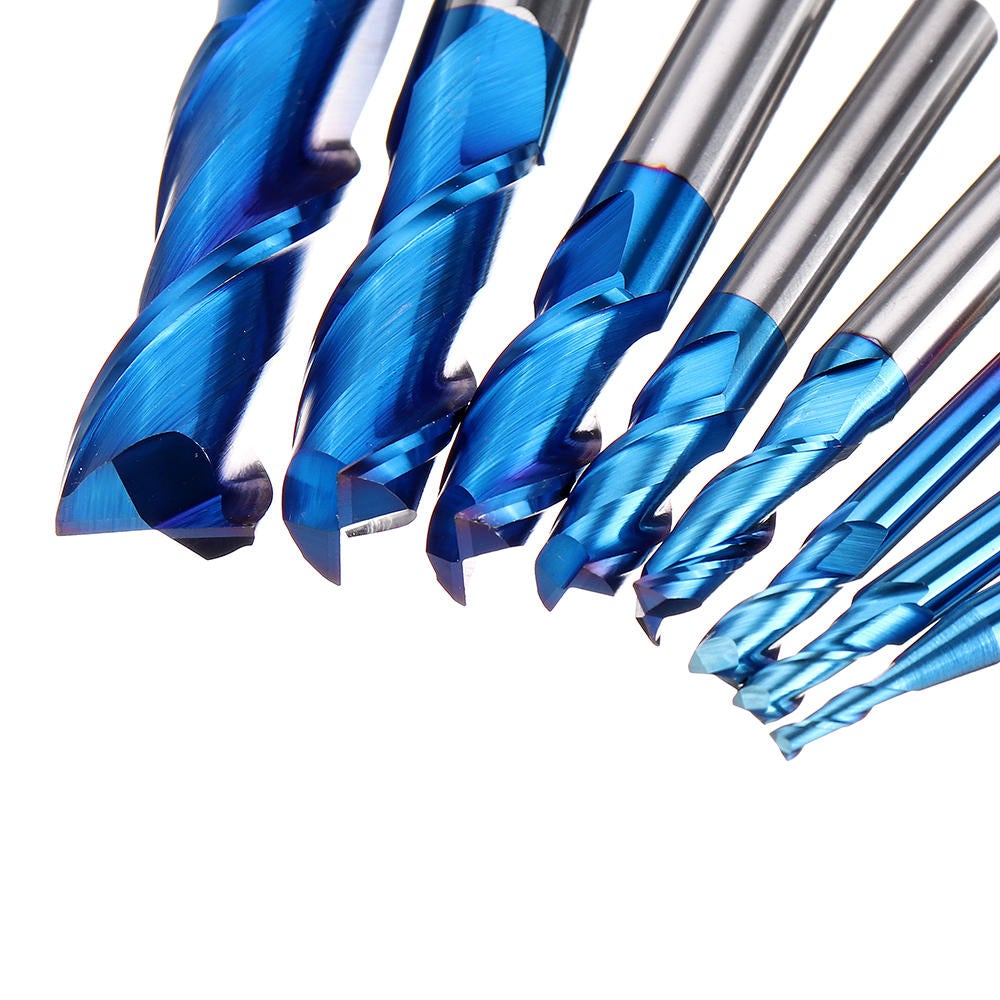8PCS HRC55 Blue Nano Tungsten Carbide 2 Flute End Mill Set R1-R6 Milling Cutter CNC Router Bits