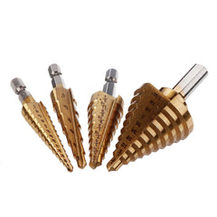 4Pcs High Speed Steel Titanium Coated Step Drill Bit 1/4 Hex Shank HSS