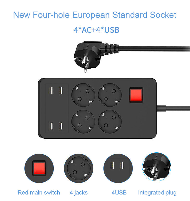 European Standard Socket 4 Jacks 4 USB Smart Power Converter German Standard Plug Home Office Power Adapter