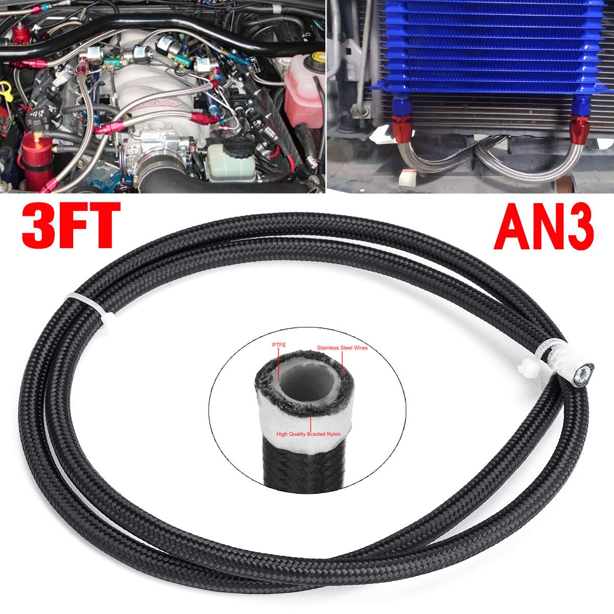 3FT Fuel Hose Oil Gas Line Pipe PTFE Nylon Stainless Steel Hose