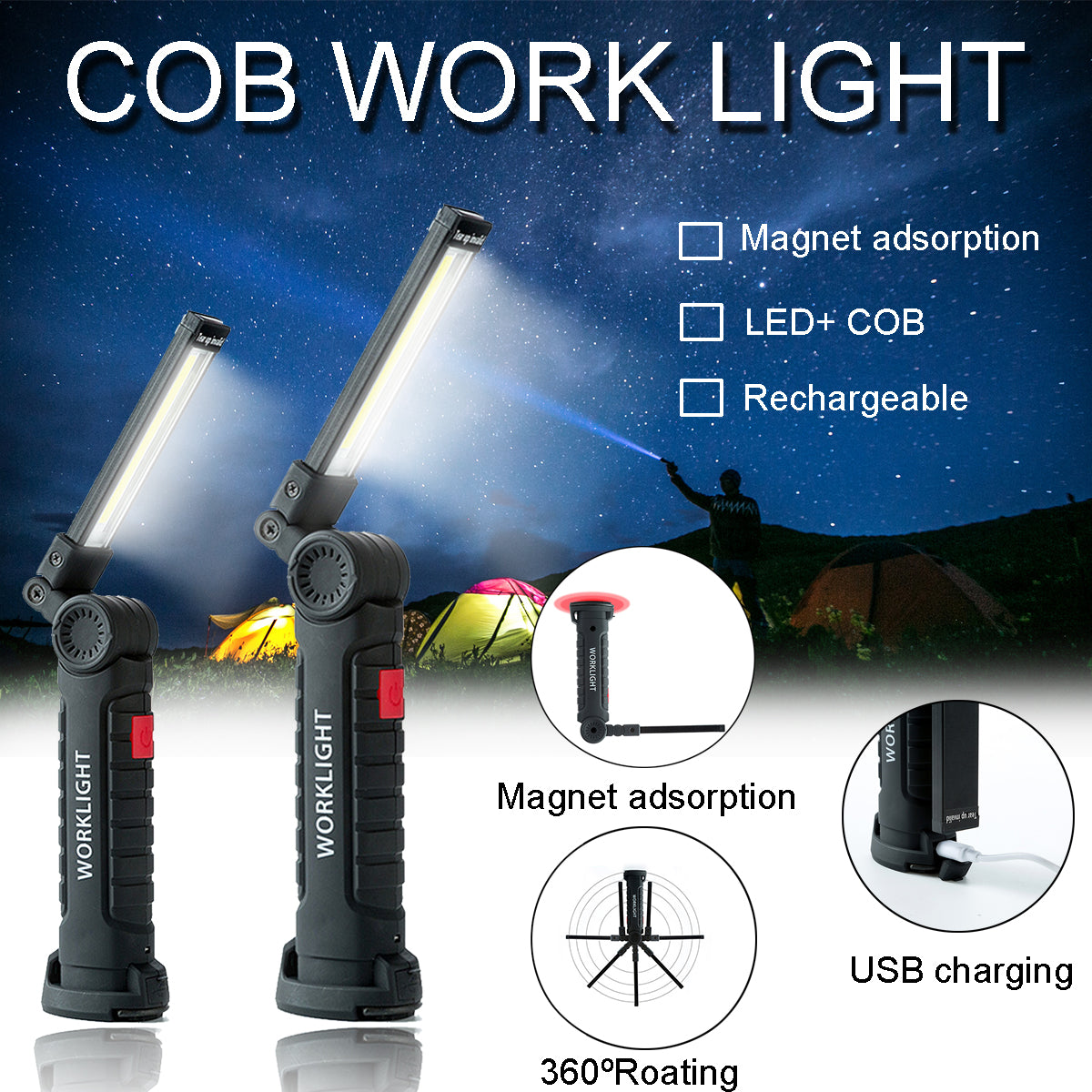 360° Rotatable COB+LED Work Light USB Torch Flashlight Outdoor Camping Emergency Lantern