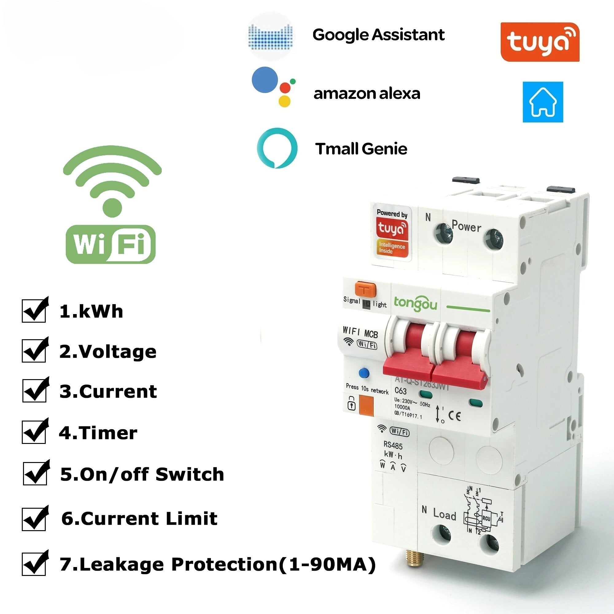Single Phase WIFI Smart Energy Meter Kwh Metering Monitoring Circuit Breaker Timer Relay with Leakage Protection 63A