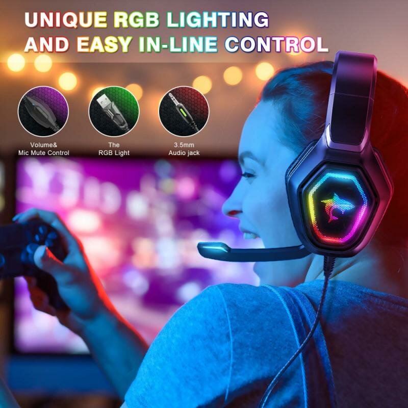 Gaming Headset USB 3.5 Mm RGB LED Light Bass Stereo Wired Headphone With Mic Gamer Headsets for PS4 for PS5 for Xbox Laptop PC