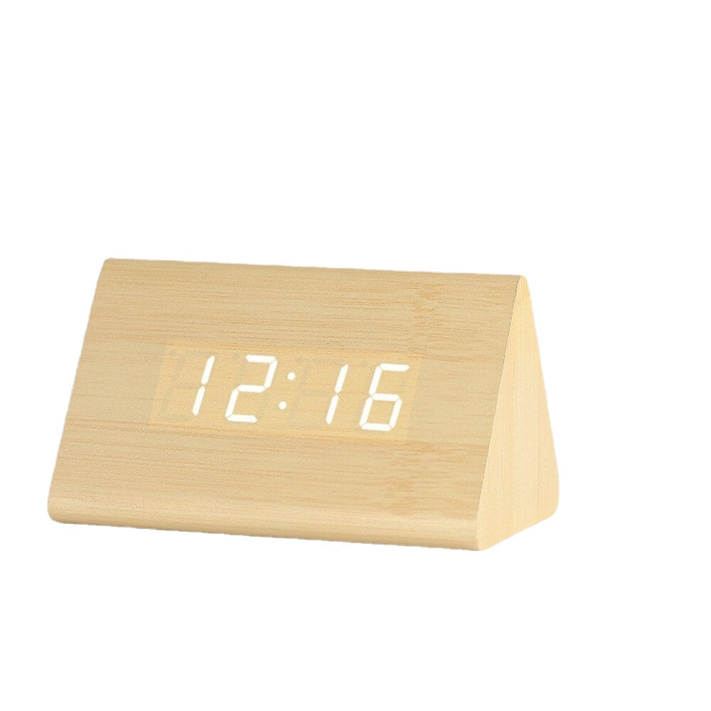 LED Alarm Clock Creative Simple White Light Voice Control Temperature Display Calendar Wooden Clock
