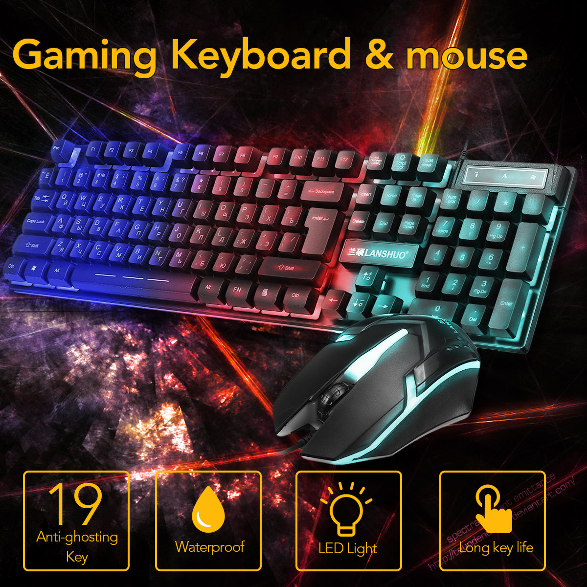 Keyboard & Mouse Combo 104 Keys Russian Version Wired Colorful Backlit Gaming Keyboard 2000DPI Optical Mouse Set with Mouse Pad