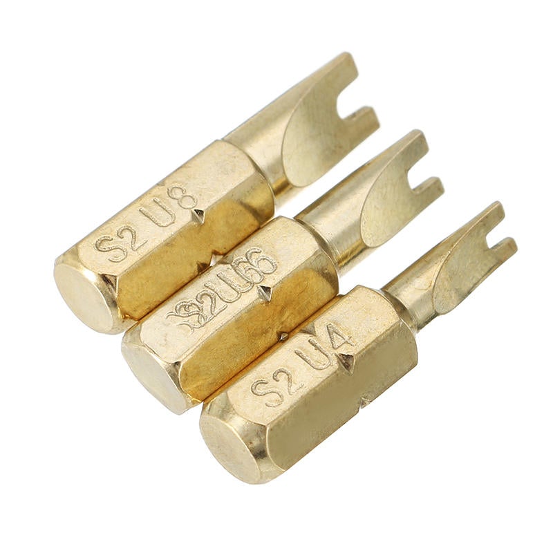 3pcs 25mm U4-U8 U Shaped Screwdriver Bits 1/4 Inch Hex Shank Electroplating Bronze