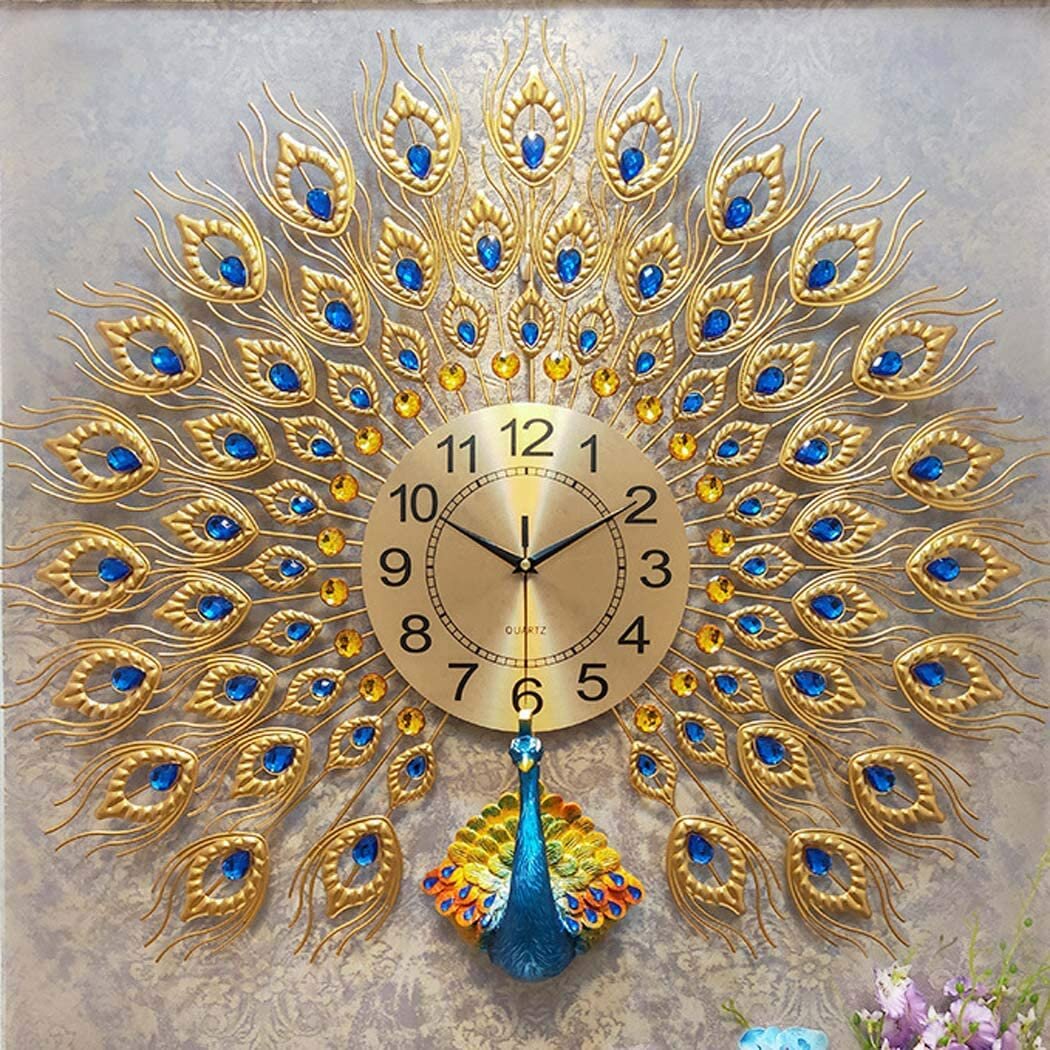 3D Large Wall Clock Luxury Peacock Metal Living Room Wall Watch Home Decoration