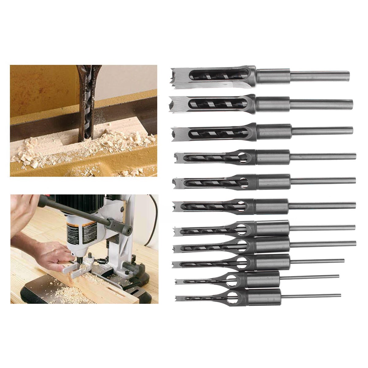 11pcs 6-19mm Woodworking Drill Bit Square Hole Chisel Mortising Kit Tenon Wood Tool