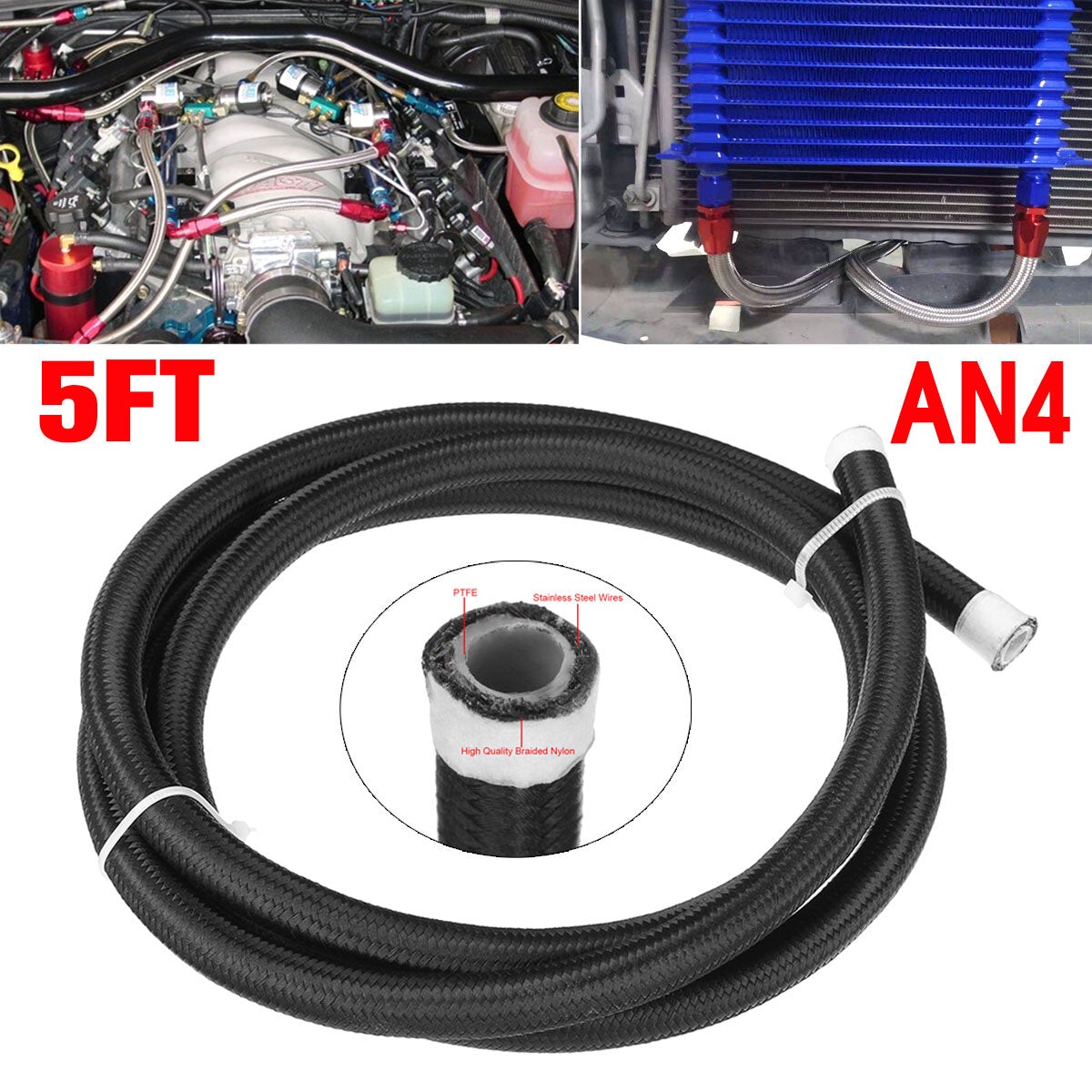 5FT Fuel Hose Oil Gas Line Pipe PTFE Nylon Stainless Steel Hose