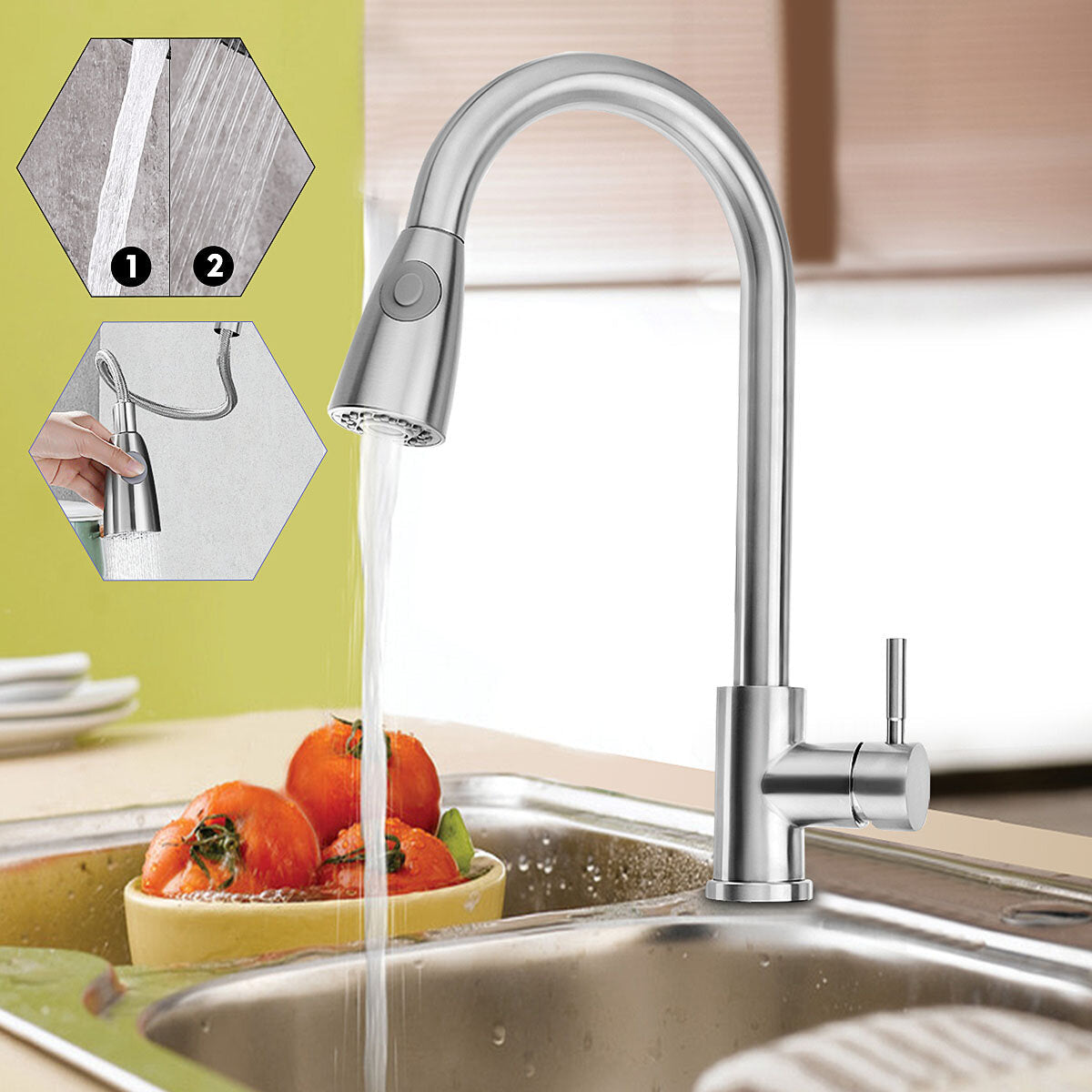 Kitchen Sink Faucet Pull Out Sprayer Head Two Water Spray Mode Stainless Steel Mixer Tap