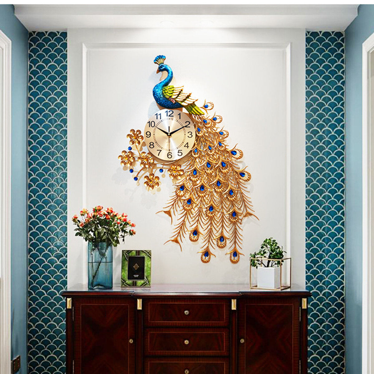 3D DIY Peacock Wall Clock Metal Modern Digital Home Office Bedroom Decoration