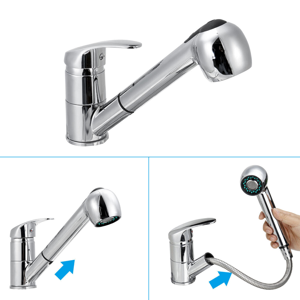 Kitchen Sink Faucet Pull Out Spray Head Single Lever Chrome Mono Brass Tap