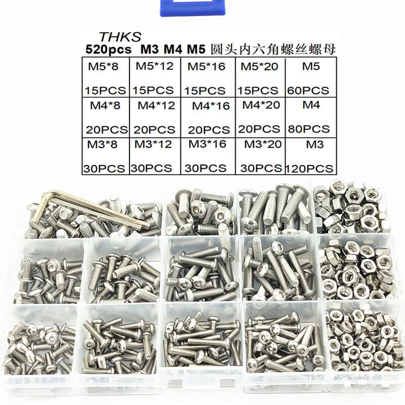 520Pcs Stainless Steel Hex Socket Round Head Screws Nuts Assortment Set M3 M4 M5