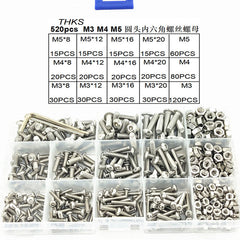 520Pcs Stainless Steel Hex Socket Round Head Screws Nuts Assortment Set M3 M4 M5