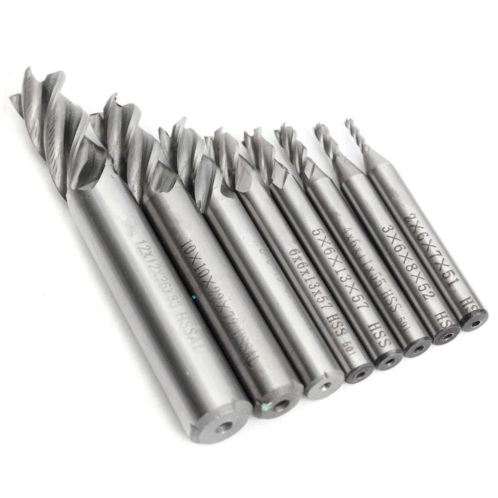 8pcs 2-12mm 4 Flute End Mill Cutter HSS Straight Shank Milling Cutter CNC Tool