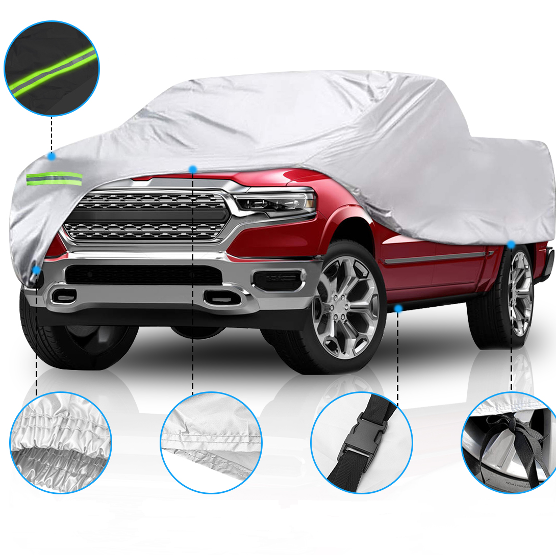 Pickup Truck Full Covers 190T Painted Silver with Windproof Straps Sun UV Snow Dust Resistant Protection Indoor Outdoor