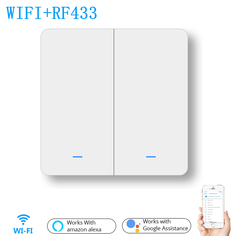 WiFi RF433 2Gang Push Button Wall Light Switch EU AC 100V-240V Smart Switch Compatible with Control Alexa Google Home