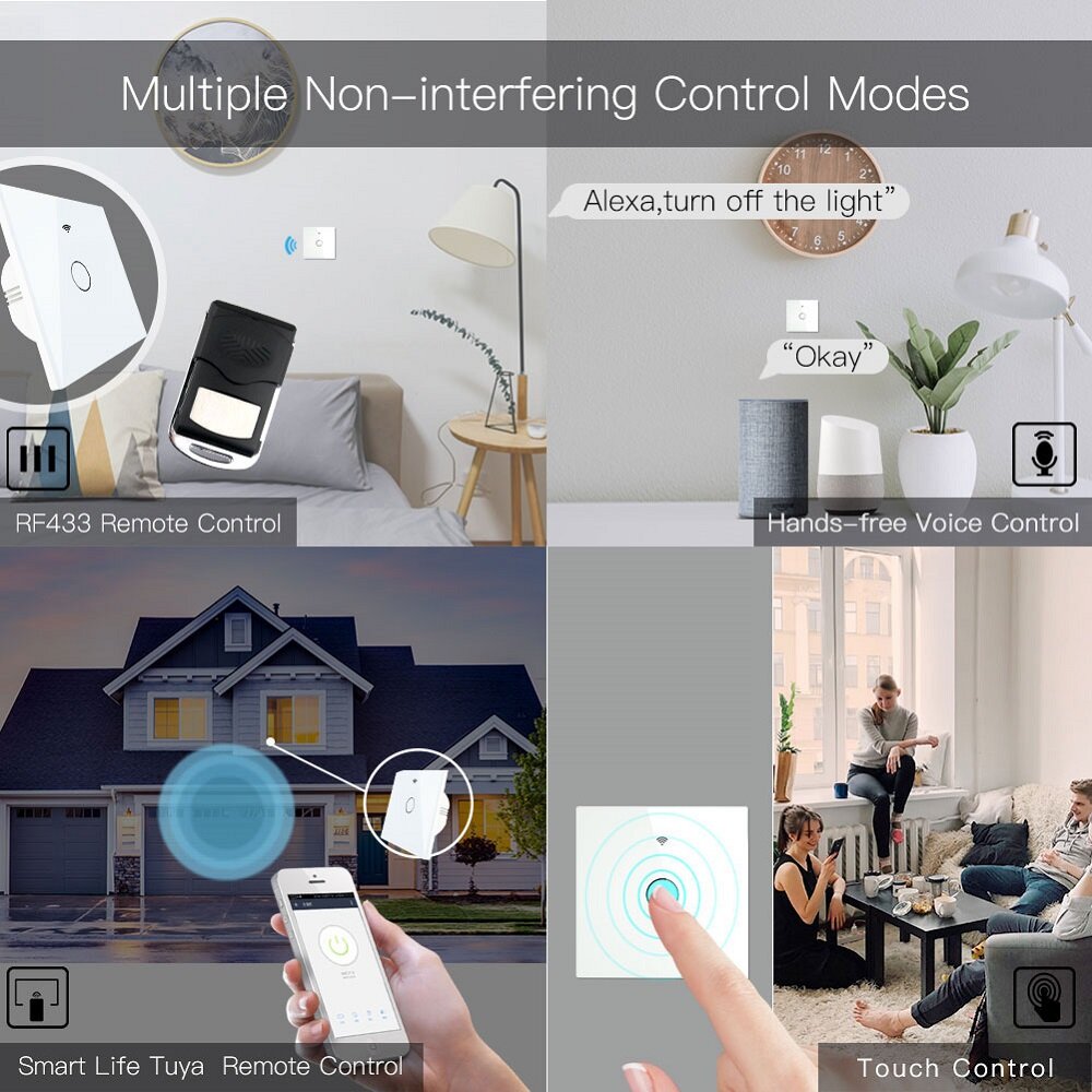 WiFi Smart Light Switch RF433 No Neutral Wire Single Fire Tuya App Control Works with Alexa Google Home,220V
