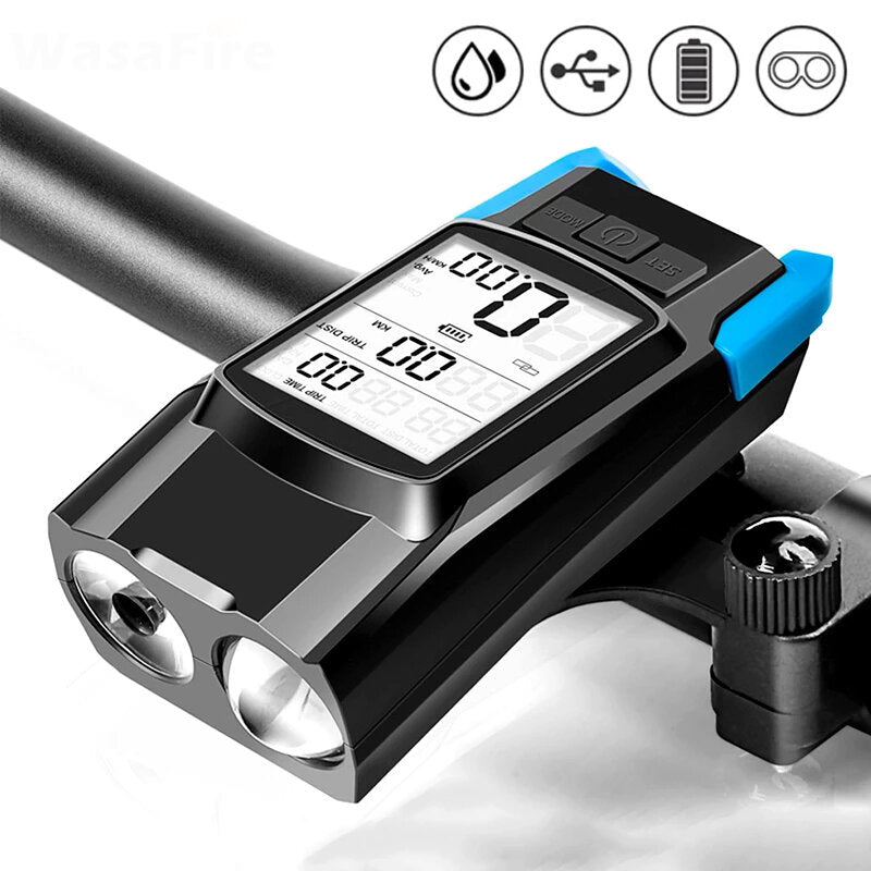 3-in-1 Bicycle Speedometer Wireless USB Rechargeable Double T6 LED Bike Light Bike Computer with Alarm Horn
