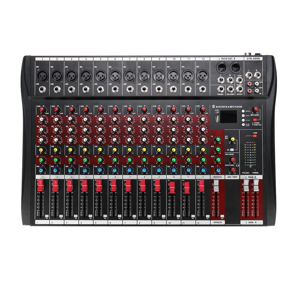 12 Channel Bluetooth Live Studio Audio Mixer Mixing Console with USB XLR Input 48V Phantom