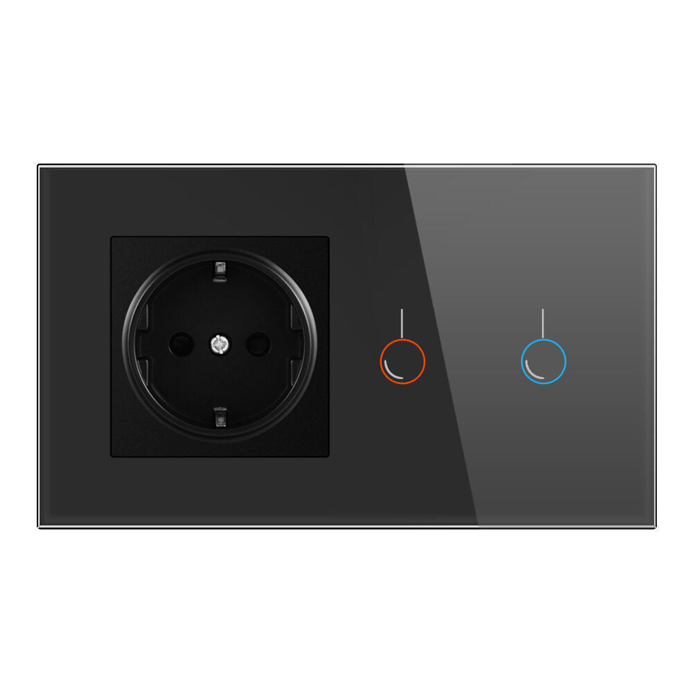 Touch Sensor Switch with Socket Crystal Glass Panel 146*86mm Wall Socket with Light Switch 2 Gang 1 Way,170~250V 16A