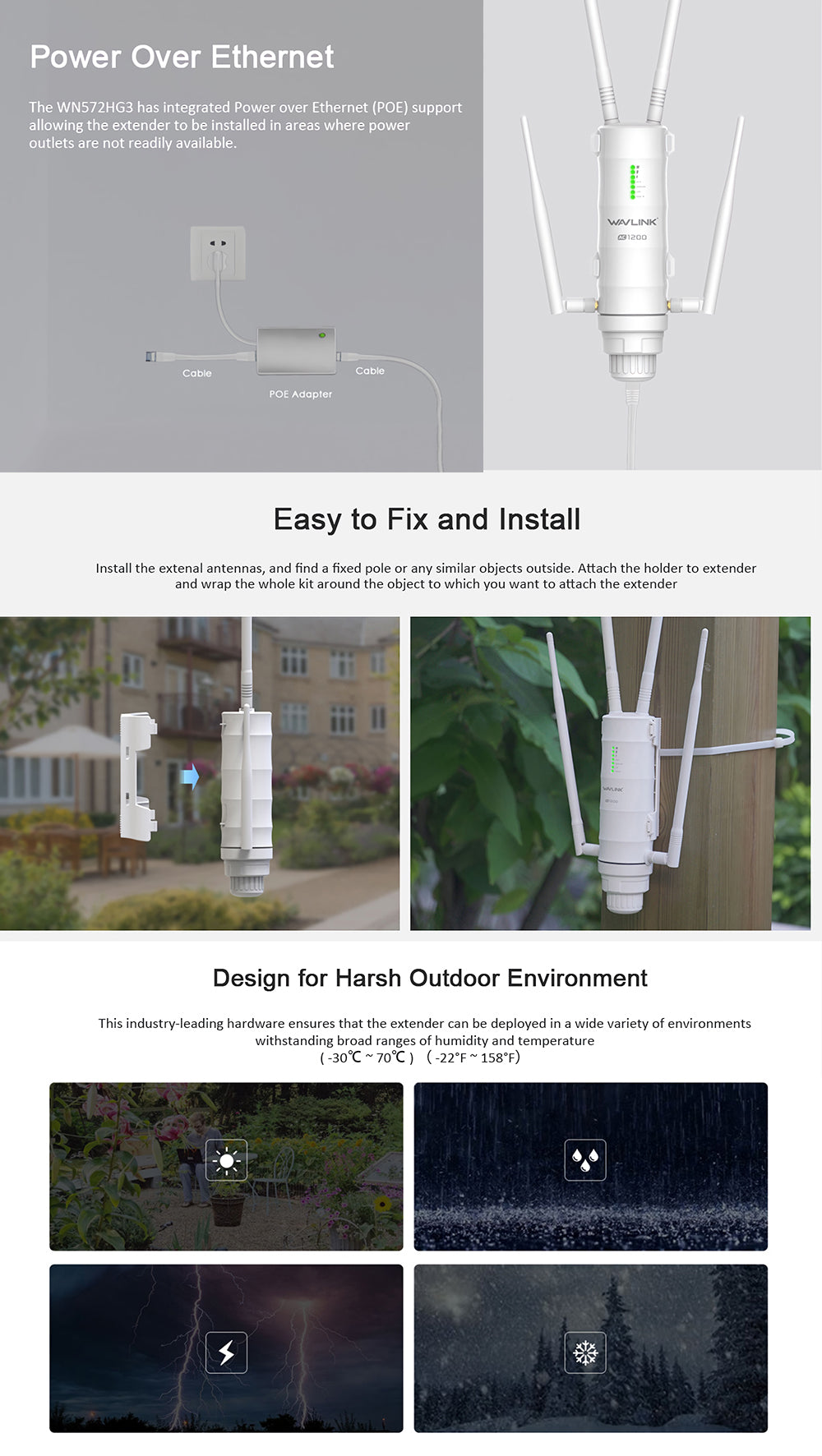 Dual Band High Power Outdoor Wireless AP/ Range Extender Router with PoE and High Gain Antennas