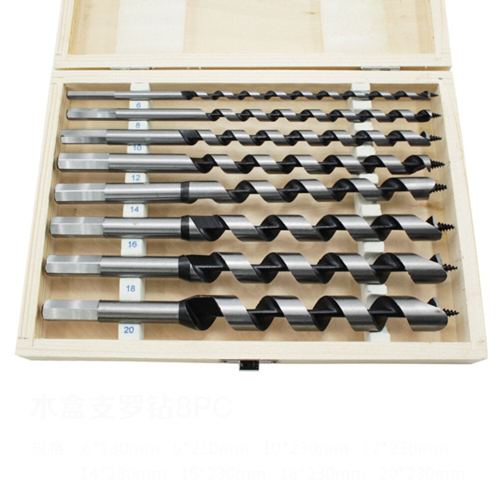 8Pcs 230mm Hexagonal Carbon Steel Auger Bit Set Wooden Case Machined Woodworking Turret Drill Punching Door Lock Reaming Kit