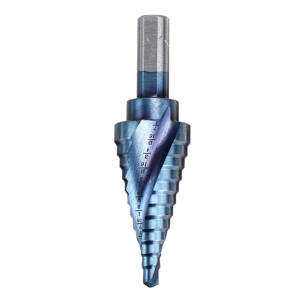 5pcs HSS Blue Nano Coating Step Drill Bit Set Spiral Flute Multiple Hole 1/8 to 1-3/8 Inch 50 Sizes with Aluminum Case or Opp Bag