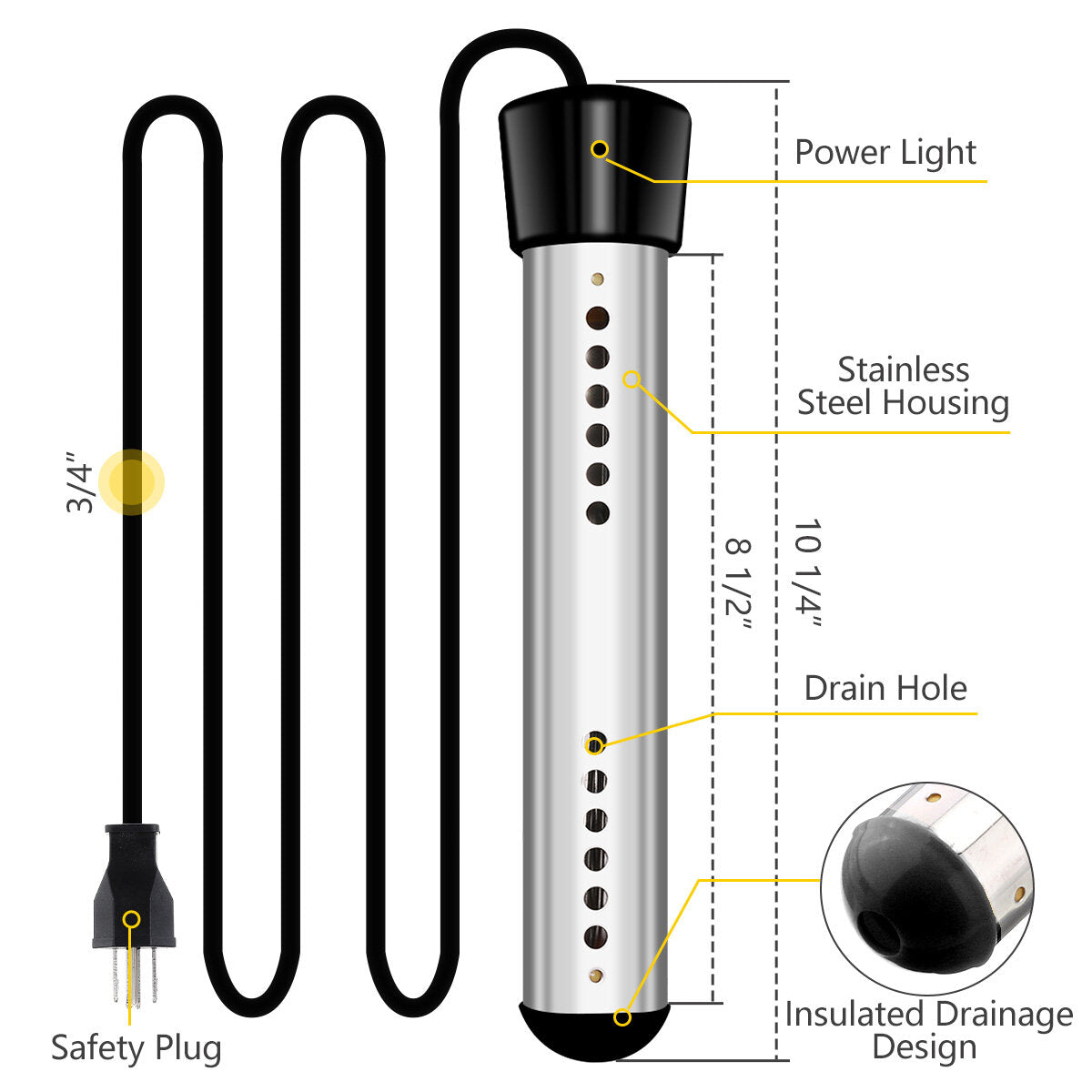 1500W Immersion Electric Heater Portable Stainless-steel Cover Submersible Water Heater with Digital Thermometer for Inflatable Pool Bathtub