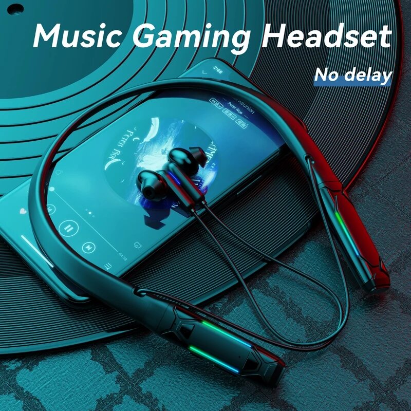 Bluetooth V5.1 Wireless Earphone Neckband 60MS Low Latency Headphone Sport Headset Noise Cancelling Micophone with RGB Color Light
