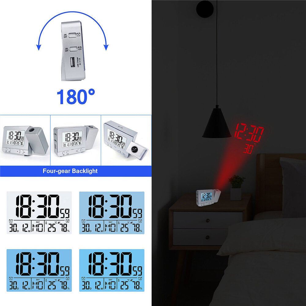 USB Electronic Projection Clock Wireless Color Screen Temperature & Humidity Weather Forecast Calendar Desktop Clock