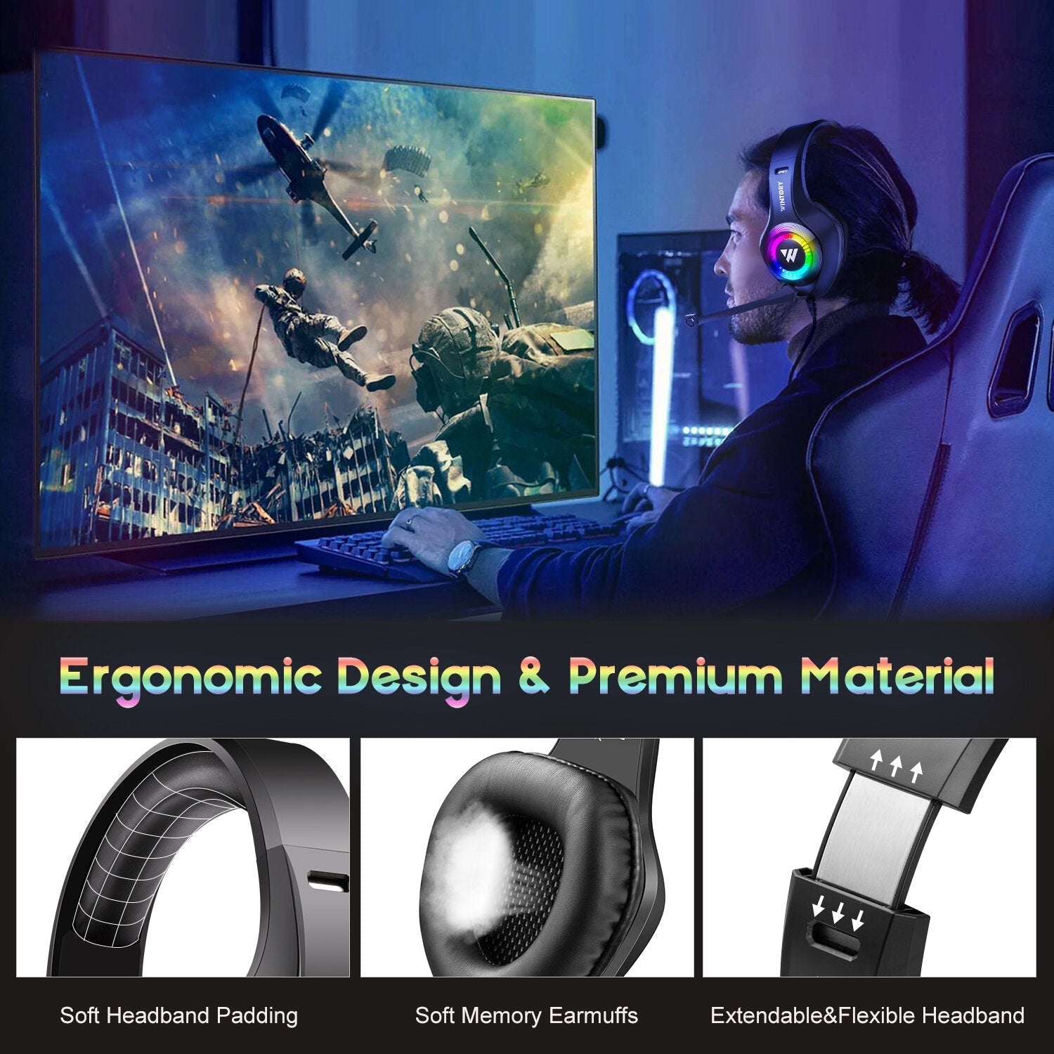 Gaming Headset Stereo RGB Light 50mm Driver Stereo Adjustable Noise Canceling Headphone with Mic