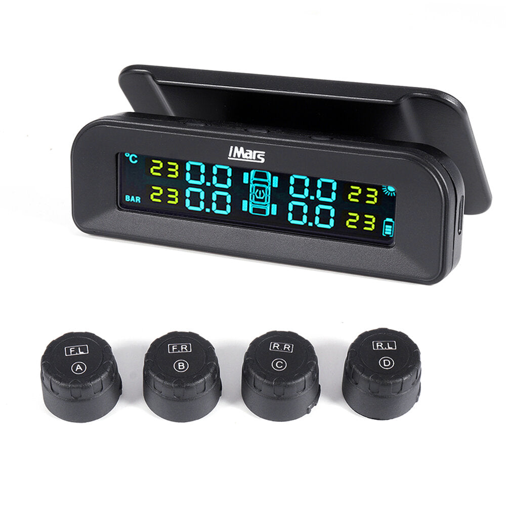 Solar Tire Pressure Monitor System Real-time Tester LCD Screen 4 External Sensors Auto Power On Off