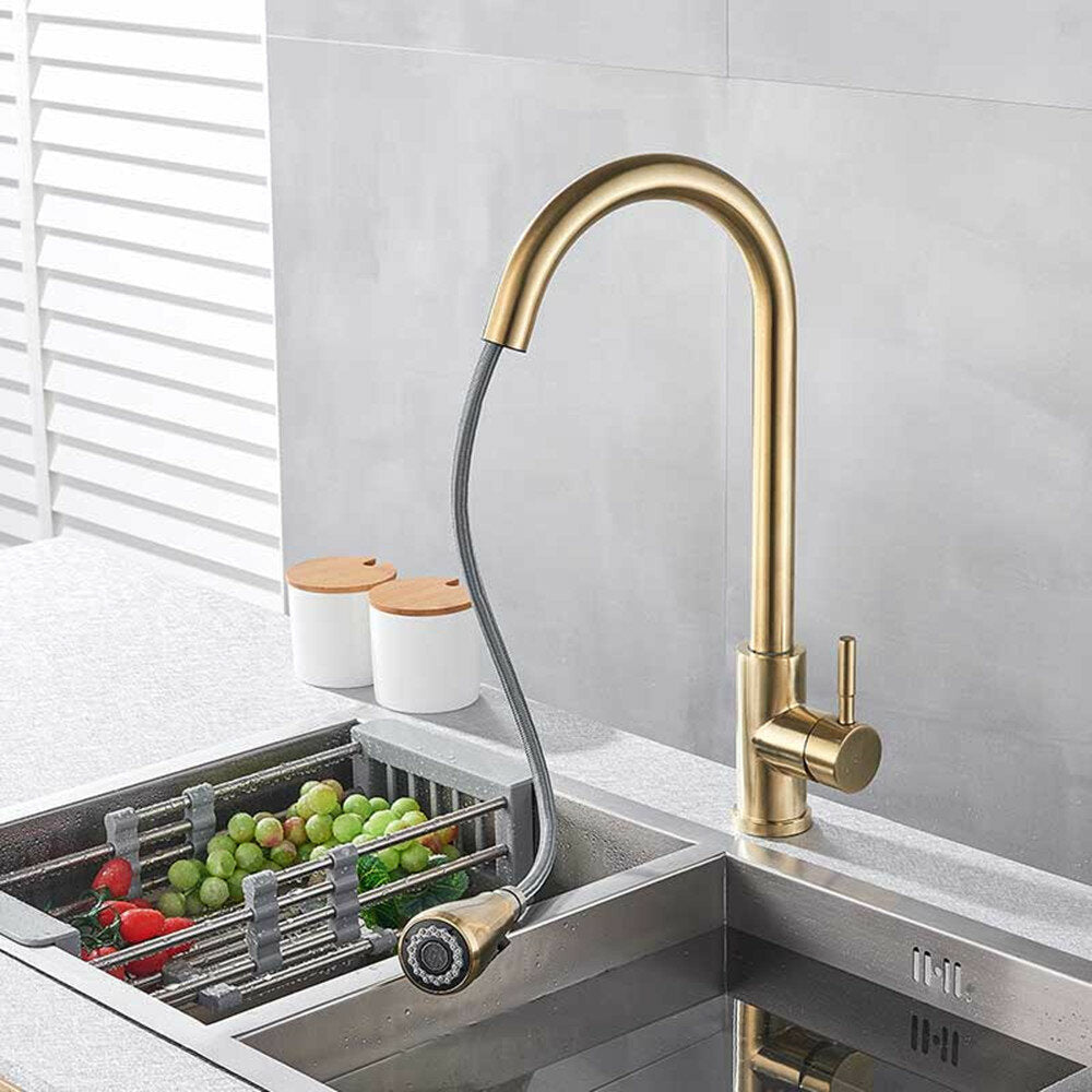 Brushed Gold Hot Cold Kitchen Sink Faucets Brass 360 Rotation Single Lever Pull Out Mixers Tap