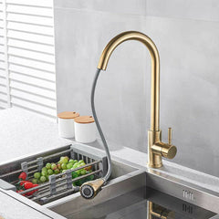 Brushed Gold Hot Cold Kitchen Sink Faucets Brass 360 Rotation Single Lever Pull Out Mixers Tap