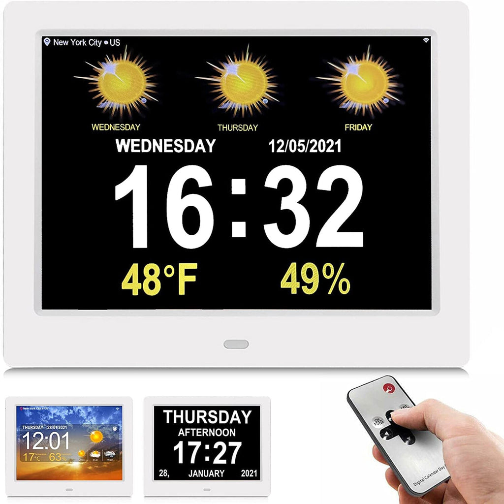 8 Inch WIFI Weather Station Smart Digital Alarm Clock with Medication Reminder Auto Dimming Large Number Display For Memory Loss Elderly Seniors