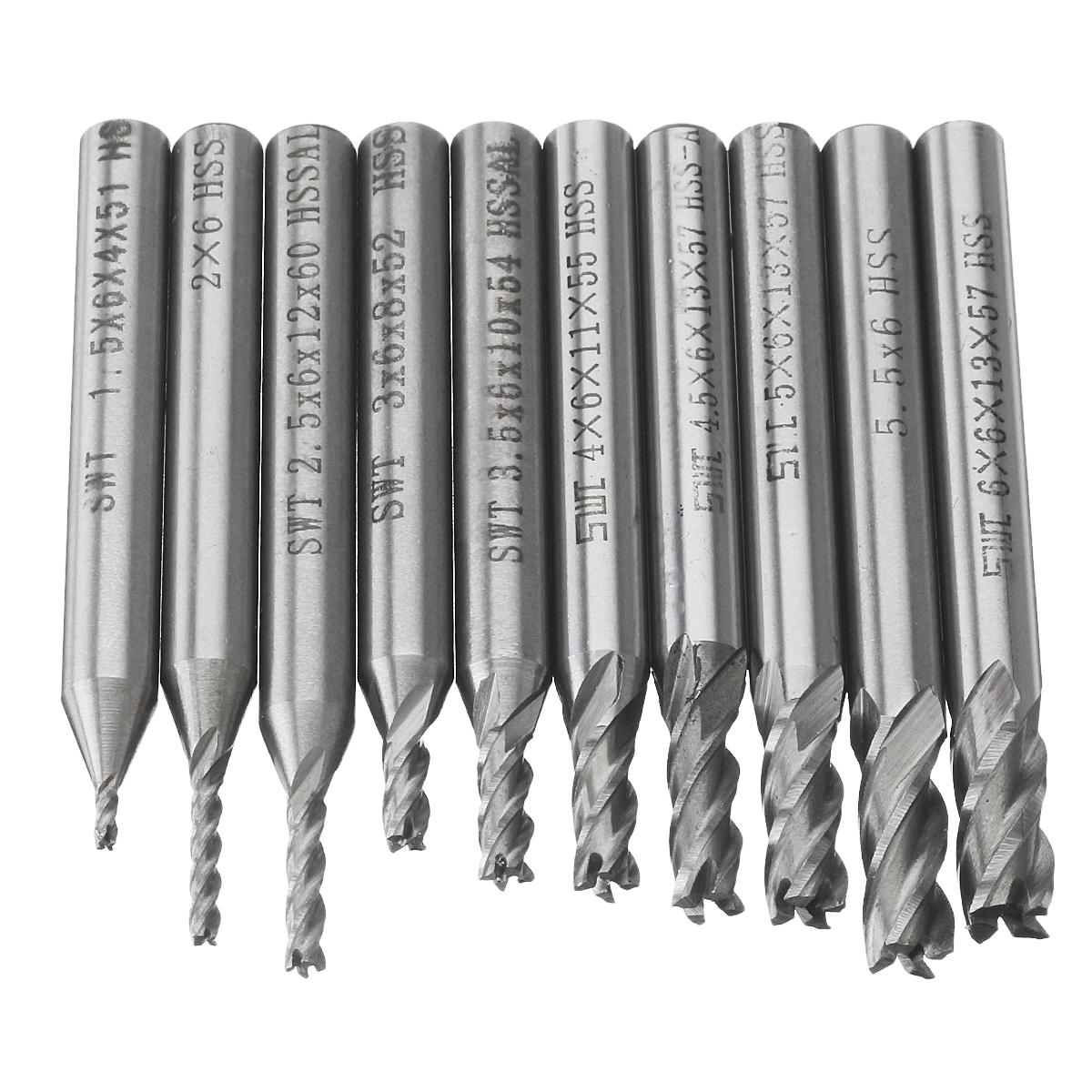10pcs 1.5-6mm HSS 4 Flute End Mill Cutter 6mm Straight Shank CNC Drill Bit Set